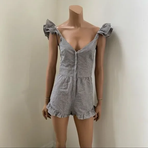 NEW LOVESHACKFANCY Revole Lucy black and white gingham ruched back romper 0